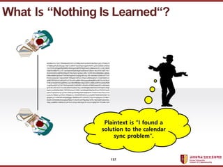 ????????????
??? ?? ??? ??
What Is Nothing Is Learned?
Plaintext is I found a
solution to the calendar
sync problem.
157
 