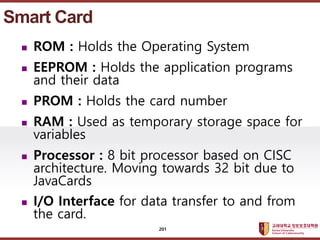 ????????????
??? ?? ??? ??
? ROM : Holds the Operating System
? EEPROM : Holds the application programs
and their data
? PROM : Holds the card number
? RAM : Used as temporary storage space for
variables
? Processor : 8 bit processor based on CISC
architecture. Moving towards 32 bit due to
JavaCards
? I/O Interface for data transfer to and from
the card.
Smart Card
201
 