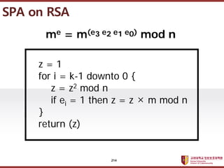 ????????????
??? ?? ??? ??
SPA on RSA
z = 1
for i = k-1 downto 0 {
z = z2 mod n
if ei = 1 then z = z  m mod n
}
return (z)
me = m(e3 e2 e1 e0) mod n
214
 