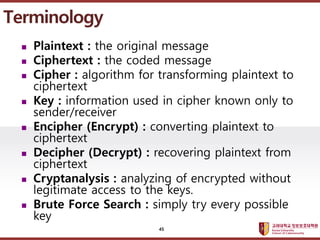 ????????????
??? ?? ??? ??
? Plaintext : the original message
? Ciphertext : the coded message
? Cipher : algorithm for transforming plaintext to
ciphertext
? Key : information used in cipher known only to
sender/receiver
? Encipher (Encrypt) : converting plaintext to
ciphertext
? Decipher (Decrypt) : recovering plaintext from
ciphertext
? Cryptanalysis : analyzing of encrypted without
legitimate access to the keys.
? Brute Force Search : simply try every possible
key
Terminology
45
 