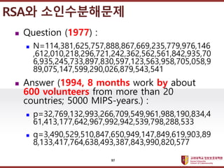 ????????????
??? ?? ??? ??
? Question (1977) :
? N=114,381,625,757,888,867,669,235,779,976,146
,612,010,218,296,721,242,362,562,561,842,935,70
6,935,245,733,897,830,597,123,563,958,705,058,9
89,075,147,599,290,026,879,543,541
? Answer (1994, 8 months work by about
600 volunteers from more than 20
countries; 5000 MIPS-years.) :
? p=32,769,132,993,266,709,549,961,988,190,834,4
61,413,177,642,967,992,942,539,798,288,533
? q=3,490,529,510,847,650,949,147,849,619,903,89
8,133,417,764,638,493,387,843,990,820,577
RSA? ???????
97
 