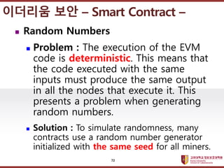 고려대학교정보보호대학원
마스터 제목 스타일 편집
 Random Numbers
 Problem : The execution of the EVM
code is deterministic. This means that
th...