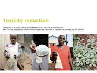 Toxicity reduction
Design to orient the interactions between the system’s actors towards:
The toxicity reduction (or elimination) regarding the SUM of the resources used by the system
 