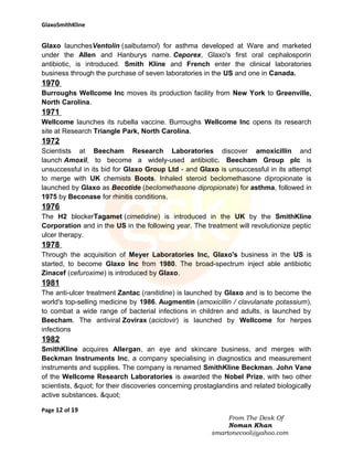 GlaxoSmithKline

Glaxo launchesVentolin (salbutamol) for asthma developed at Ware and marketed
under the Allen and Hanburys name. Ceporex, Glaxo's first oral cephalosporin
antibiotic, is introduced. Smith Kline and French enter the clinical laboratories
business through the purchase of seven laboratories in the US and one in Canada.

1970
Burroughs Wellcome Inc moves its production facility from New York to Greenville,
North Carolina.

1971
Wellcome launches its rubella vaccine. Burroughs Wellcome Inc opens its research
site at Research Triangle Park, North Carolina.

1972
Scientists at Beecham Research Laboratories discover amoxicillin and
launch Amoxil, to become a widely-used antibiotic. Beecham Group plc is
unsuccessful in its bid for Glaxo Group Ltd - and Glaxo is unsuccessful in its attempt
to merge with UK chemists Boots. Inhaled steroid beclomethasone dipropionate is
launched by Glaxo as Becotide (beclomethasone dipropionate) for asthma, followed in
1975 by Beconase for rhinitis conditions.

1976
The H2 blockerTagamet (cimetidine) is introduced in the UK by the SmithKline
Corporation and in the US in the following year. The treatment will revolutionize peptic
ulcer therapy.

1978
Through the acquisition of Meyer Laboratories Inc, Glaxo's business in the US is
started, to become Glaxo Inc from 1980. The broad-spectrum inject able antibiotic
Zinacef (cefuroxime) is introduced by Glaxo.

1981
The anti-ulcer treatment Zantac (ranitidine) is launched by Glaxo and is to become the
world's top-selling medicine by 1986. Augmentin (amoxicillin / clavulanate potassium),
to combat a wide range of bacterial infections in children and adults, is launched by
Beecham. The antiviral Zovirax (aciclovir) is launched by Wellcome for herpes
infections

1982
SmithKline acquires Allergan, an eye and skincare business, and merges with
Beckman Instruments Inc, a company specialising in diagnostics and measurement
instruments and supplies. The company is renamed SmithKline Beckman. John Vane
of the Wellcome Research Laboratories is awarded the Nobel Prize, with two other
scientists, " for their discoveries concerning prostaglandins and related biologically
active substances. "
Page 12 of 19
From The Desk Of
Noman Khan
smartonecool@yahoo.com

 