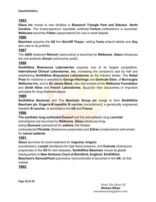 GlaxoSmithKline

1983
Glaxo Inc moves to new facilities in Research Triangle Park and Zebulon, North
Carolina. The broad-spectrum injectable antibiotic Fortum (ceftazidime) is launched.
Wellcome launches Flolan (epoprostenol) for use in renal dialysis.

1986
Beecham acquires the US firm Norcliff Thayer, adding Tums antacid tablets and Oxy
skin care to its portfolio.

1987
The AIDS treatment Retrovir (zidovudine) is launched by Wellcome. Glaxo introduces
the oral antibiotic Zinnat (cefuroxime axetil).

1988
SmithKline Bioscience Laboratories acquires one of its largest competitors,
International Clinical Laboratories, Inc, increasing the company's size by half and
establishing SmithKline Bioscience Laboratories as the industry leader. The Nobel
Prize for medicine is awarded to George Hitchings and Gertrude Elion, of Burroughs
Wellcome Inc, and to Sir James Black, who had worked at the Wellcome Foundation
and Smith Kline and French Laboratories, "for their discoveries of important
principles for drug treatment."

1989
SmithKline Beckman and The Beecham Group plc merge to form SmithKline
Beecham plc. Engerix-B hepatitis B vaccine (recombinant), a genetically engineered
hepatitis B vaccine, is launched in the US and France.

1990
The synthetic lung surfactant Exosurf and the anti-epileptic drug Lamictal
(lamotrigine) are launched by Wellcome. Glaxo introduces longacting Serevent (salmeterol) for asthma, the inhaled
corticosteroid Flixotide (fluticasone propionate) and Zofran (ondansetron) anti-emetic
for cancer patients.

1991
Glaxo launches its novel treatment for migraine, Imigran
(sumatriptan), Lacipil (lacidipine) for high blood pressure, and Cutivate (fluticasone
propionate) in the US for skin diseases. SmithKline Beecham moves its global
headquarters to New Horizons Court at Brentford, England. SmithKline
Beecham's Seroxat/Paxil (paroxetine hydrochloride) is launched in the UK, its first
market.

1992

Page 13 of 19
From The Desk Of
Noman Khan
smartonecool@yahoo.com

 