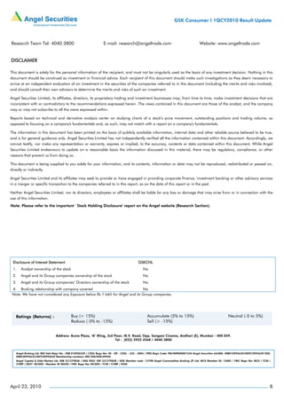 GSK Consumer I 1QCY2010 Result Update



Research Team Tel: 4040 3800                                       E-mail: research@angeltrade.com                                       Website: www.angeltrade.com


DISCLAIMER

This document is solely for the personal information of the recipient, and must not be singularly used as the basis of any investment decision. Nothing in this
document should be construed as investment or financial advice. Each recipient of this document should make such investigations as they deem necessary to
arrive at an independent evaluation of an investment in the securities of the companies referred to in this document (including the merits and risks involved),
and should consult their own advisors to determine the merits and risks of such an investment.

Angel Securities Limited, its affiliates, directors, its proprietary trading and investment businesses may, from time to time, make investment decisions that are
inconsistent with or contradictory to the recommendations expressed herein. The views contained in this document are those of the analyst, and the company
may or may not subscribe to all the views expressed within.

Reports based on technical and derivative analysis center on studying charts of a stock's price movement, outstanding positions and trading volume, as
opposed to focusing on a company's fundamentals and, as such, may not match with a report on a company's fundamentals.

The information in this document has been printed on the basis of publicly available information, internal data and other reliable source believed to be true,
and is for general guidance only. Angel Securities Limited has not independently verified all the information contained within this document. Accordingly, we
cannot testify, nor make any representation or warranty, express or implied, to the accuracy, contents or data contained within this document. While Angel
Securities Limited endeavours to update on a reasonable basis the information discussed in this material, there may be regulatory, compliance, or other
reasons that prevent us from doing so.

This document is being supplied to you solely for your information, and its contents, information or data may not be reproduced, redistributed or passed on,
directly or indirectly.

Angel Securities Limited and its affiliates may seek to provide or have engaged in providing corporate finance, investment banking or other advisory services
in a merger or specific transaction to the companies referred to in this report, as on the date of this report or in the past.

Neither Angel Securities Limited, nor its directors, employees or affiliates shall be liable for any loss or damage that may arise from or in connection with the
use of this information.
Note: Please refer to the important `Stock Holding Disclosure' report on the Angel website (Research Section).




 Disclosure of Interest Statement                                                           GSKCHL
 1.    Analyst ownership of the stock                                                           No
 2.    Angel and its Group companies ownership of the stock                                     No
 3.    Angel and its Group companies’ Directors ownership of the stock                          No
 4. Broking relationship with company covered                                No
 Note: We have not considered any Exposure below Rs 1 lakh for Angel and its Group companies.




                                Address: Acme Plaza, ‘A’ Wing, 3rd Floor, M.V. Road, Opp. Sangam Cinema, Andheri (E), Mumbai - 400 059.
                                                                    Tel : (022) 3952 4568 / 4040 3800



    Angel Broking Ltd: BSE Sebi Regn No : INB 010996539 / CDSL Regn No: IN - DP - CDSL - 234 - 2004 / PMS Regn Code: PM/INP000001546 Angel Securities Ltd:BSE: INB010994639/INF010994639 NSE:
    INB230994635/INF230994635 Membership numbers: BSE 028/NSE:09946
    Angel Capital & Debt Market Ltd: INB 231279838 / NSE FNO: INF 231279838 / NSE Member code -12798 Angel Commodities Broking (P) Ltd: MCX Member ID: 12685 / FMC Regn No: MCX / TCM /
    CORP / 0037 NCDEX : Member ID 00220 / FMC Regn No: NCDEX / TCM / CORP / 0302




April 23, 2010                                                                                                                                                                              8
 