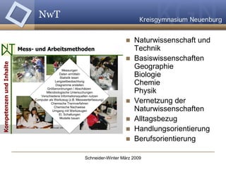NwT Naturwissenschaft und Technik Basiswissenschaften Geographie Biologie Chemie Physik Vernetzung der Naturwissenschaften Alltagsbezug Handlungsorientierung Berufsorientierung 