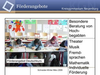 Förderangebote Theater Musik Fremd-sprachen Mathematik Individuelle Förderung Deutschkurs Besondere Beratung von Hoch-begabten 