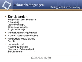 Rahmenbedingungen Schulstandort Kooperation aller Schulen in Neuenburg (Sprachkonzept, Ganztagsangebote, Rhythmisierung) Vernetzung der Jugendarbeit Runder Tisch Sozialverhalten Arbeitskreis Wirtschaft und Schule Kooperation mit Nachbargymnasien (Kursstufe, Schulwechsel, Schullaufbahn) 
