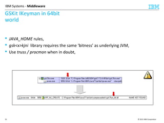 © 2015 IBM Corporation33
IBM Systems - Middleware
 JAVA_HOME rules,
 gsk<x>kjni library requires the same ‘bitness’ as underlying JVM,
 Use truss / procmon when in doubt,
GSKit IKeyman in 64bit
world
 