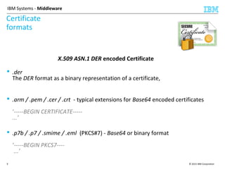 © 2015 IBM Corporation9
IBM Systems - Middleware
Certificate
formats
X.509 ASN.1 DER encoded Certificate
 .der
The DER format as a binary representation of a certificate,
 .arm / .pem / .cer / .crt - typical extensions for Base64 encoded certificates
‘-----BEGIN CERTIFICATE-----
...’
 .p7b / .p7 / .smime / .eml (PKCS#7) - Base64 or binary format
‘-----BEGIN PKCS7----
...’
 