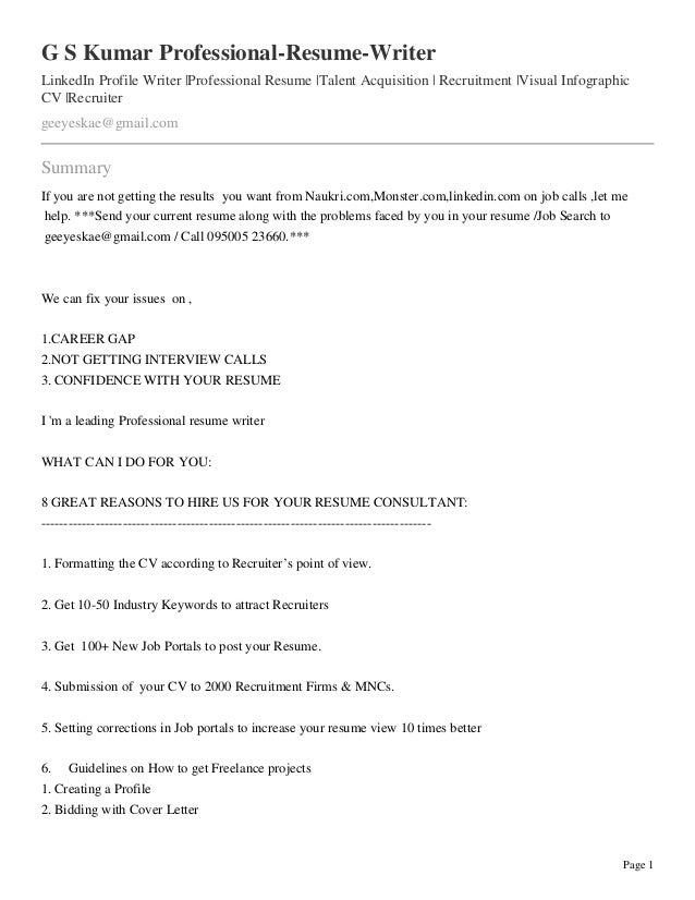g s kumar professional resume writer profile resume consultant