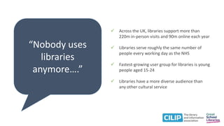 “Nobody uses
libraries
anymore….”
 Across the UK, libraries support more than
220m in-person visits and 90m online each year
 Libraries serve roughly the same number of
people every working day as the NHS
 Fastest-growing user group for libraries is young
people aged 15-24
 Libraries have a more diverse audience than
any other cultural service
 