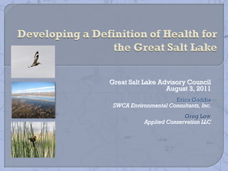 Great Salt Lake Advisory Council
                  August 3, 2011
                      Erica Gaddis
 SWCA Environmental Consultants, Inc.
                          Greg Low
            Applied Conservation LLC
 
