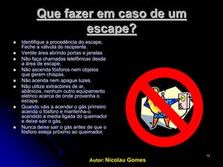 Autor: Nicolau Gomes
1212
QueQue fazerfazer emem caso decaso de umum
escape?escape?
Identifique aIdentifique a procedênciaprocedência do escape,do escape,
Feche a válvula do recipiente.Feche a válvula do recipiente.
Ventile áreaVentile área abrindoabrindo portas eportas e janelasjanelas
NãoNão façafaça chamadaschamadas telefônicastelefônicas desdedesde
a área de escape.a área de escape.
NãoNão ascendaascenda fósforosfósforos nemnem objetosobjetos
queque geremgerem chispas.chispas.
NãoNão acendaacenda nemnem apagueapague luzesluzes..
NãoNão utilizeutilize extractores deextractores de arar,,
abânicosabânicos,, nenhumnenhum outrooutro equipamentoequipamento
elétricoelétrico acerca deacerca de ondeonde provenhaprovenha oo
escape.escape.
QuandoQuando váisváis aa acenderacender oo gásgás primeiroprimeiro
acendaacenda o fósforo eo fósforo e mantenhamantenha--oo
acendidoacendido a media ligada doa media ligada do queimadorqueimador
ee deixedeixe sairsair oo gásgás..
NuncaNunca deixedeixe sairsair oo gásgás antes de que oantes de que o
fósforofósforo estejaesteja próximopróximo aoao queimadorqueimador..
 