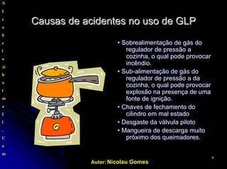 Autor: Nicolau Gomes
99
N
I
c
o
b
e
l
o
@
h
o
t
m
a
I
l
.
C
o
m
Causas deCausas de acidentesacidentes no uso de GLPno uso de GLP
•• Sobrealimentação de gás doSobrealimentação de gás do
regulador de pressão aregulador de pressão a
cozinha, o qual pode provocarcozinha, o qual pode provocar
incêndio.incêndio.
• Sub• Sub--alimentação de gás doalimentação de gás do
regulador de pressão a daregulador de pressão a da
cozinha, o qual pode provocarcozinha, o qual pode provocar
explosão na presença de umaexplosão na presença de uma
fonte de ignição.fonte de ignição.
• Chaves de fechamento do• Chaves de fechamento do
cilindro em mal estadocilindro em mal estado
• Desgaste da válvula piloto• Desgaste da válvula piloto
• Mangueira de descarga muito• Mangueira de descarga muito
próximo dos queimadores.próximo dos queimadores.
 