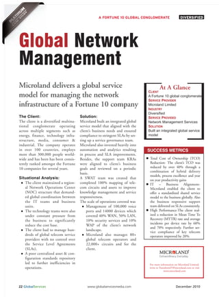 A FORTUNE 10 GLOBAL CONGLOMERATE                      DIVERSIFIED




Global Network
Management
Microland delivers a global service                                                   At A Glance
                                                                              CLIENT
model for managing the network                                                A Fortune 10 global conglomerate
                                                                              SERVICE PROVIDER
infrastructure of a Fortune 10 company                                        Microland Limited
                                                                              INDUSTRY
                                                                              Diversified
The Client:                            Solution:                              SERVICE PROVIDED
The client is a diversified multina-   Microland built an integrated global   Network Management Services
tional conglomerate operating          service model that aligned with the    SOLUTION
                                                                              Built an integrated global service
                                                                              model
across multiple segments such as       client’s business needs and ensured
energy, finance, technology infra-     compliance to stringent SLAs by set-
structure, media, consumer &           ting up a service governance team.
industrial. The company operates       Microland also invested heavily into
in over 100 countries, employs         automation and analytics resulting     SUCCESS METRICS
more than 300,000 people world-        in process and SLA improvements.
wide and has been has been consis-     Besides, the support team KRAs          Total Cost of Ownership (TCO)
tently ranked amongst the Fortune      were aligned to client’s business       Reduction- The client’s TCO was
10 companies for several years.        goals and reviewed on a periodic        reduced by over 40% through a
                                                                               combination of hybrid delivery
                                       basis.
                                                                               models, process excellence and year
Situational Analysis:                  A SWAT team was created that            on year productivity gains
   The client maintained a region-     completed 100% mapping of tele-         IT – Business Alignment-
   al Network Operations Center        com circuits and assets to improve      Microland enabled the client to
   (NOC) structure that demand-        knowledge management and service        offer a standardized shared service
   ed global coordination between      responsiveness.                         model to the business globally. Also
   the IT teams and business           The scale of operations covered was     the business responsive support
   units.                                  Management of 100,000 voice         team delivered on SLAs consistently.
   The technology teams were also          ports and 14000 devices which       High Performance-The client real-
   under constant pressure from            covered 40% WAN, 50% LAN,           ized a reduction in Mean Time To
   the business to significantly           10% security services and 10%       Recovery (MTTR) rate and average
                                                                               incidents per device rate by 60%
   reduce the cost base.                   WAP of the client’s network
                                                                               and 70% respectively. Further ser-
   The client had to manage hun-           landscape.                          vice compliance of key telecom
   dreds of global telecom service         Microland also manages 80+          operators improved by 20%
   providers with no control over          global telecom operators and
   the Service Level Agreements            22,000+ circuits and for the
   (SLAs).                                 client.
   A poor centralized asset & con-
   figuration standards repository
   led to further inefficiencies in                                           For more information on Microland Limited,
   operations.                                                                write to TransformIT@microland.com or visit
                                                                                           www.microland.com




22 GlobalServices                          www.globalservicesmedia.com                              December 2010
 