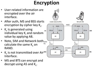 EncryptionUser-related information are encrypted over the air interface.After auth, MS and BSS starts encryption by cipher key Kc.Kc is generated using individual key Ki and random value by applying A8.Note, SIM and Network both calculate the same Kc on RAND.Kc is not transmitted over Air Interface.MS and BTS can encrypt and decrypt using A5 and Kc.