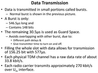 Data TransmissionData is transmitted in small portions called bursts. Normal burst is shown in the previous picture.A Burst is only: 546.5μs long and Contains 148 bitsThe remaining 30.5μs is used as Guard Space.Avoids overlapping with other burst, due to:Different path delays &Give transmitter time to turn on and off.Filling the whole slot with data allows for transmission of 156.25 bit with 577μs.Each physical TDM channel has a raw data rate of about 33.8 kbit/s.Each radio carrier transmits approximately 270 kbit/s over Um interface.
