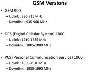 GSM VersionsGSM 900Uplink : 890-915 MHzDownlink : 935-960 MHzDCS (Digital Cellular System) 1800Uplink : 1710-1785 MHzDownlink : 1805-1880 MHzPCS (Personal Communication Service) 1900Uplink : 1850-1910 MHzDownlink : 1930-1990 MHz
