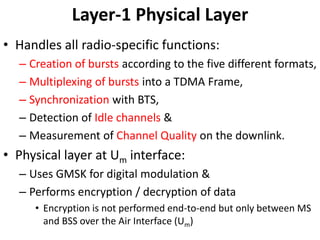 Layer-1 Physical LayerHandles all radio-specific functions:Creation of bursts according to the five different formats,Multiplexing of bursts into a TDMA Frame,Synchronization with BTS,Detection of Idle channels &Measurement of Channel Quality on the downlink.Physical layer at Um interface:Uses GMSK for digital modulation &Performs encryption / decryption of dataEncryption is not performed end-to-end but only between MS and BSS over the Air Interface (Um)