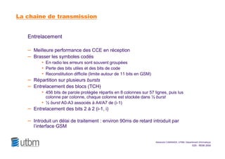 La chaîne de transmission


   Entrelacement

   – Meilleure performance des CCE en réception
   – Brasser les symboles codés
          • En radio les erreurs sont souvent groupées
          • Perte des bits utiles et des bits de code
          • Reconstitution difficile (limite autour de 11 bits en GSM)
   –   Répartition sur plusieurs bursts
   –   Entrelacement des blocs (TCH)
          • 456 bits de parole protégée répartis en 8 colonnes sur 57 lignes, puis lus
             colonne par colonne, chaque colonne est stockée dans ½ burst
           • ½ burst A0-A3 associés à A4/A7 de (i-1)
   – Entrelacement des bits 2 à 2 (i-1, i)

   – Introduit un délai de traitement : environ 90ms de retard introduit par
       l’interface GSM


                                                                       Alexandre CAMINADA, UTBM, Département Informatique
                                                                                                        D25 - RE56 2004
 