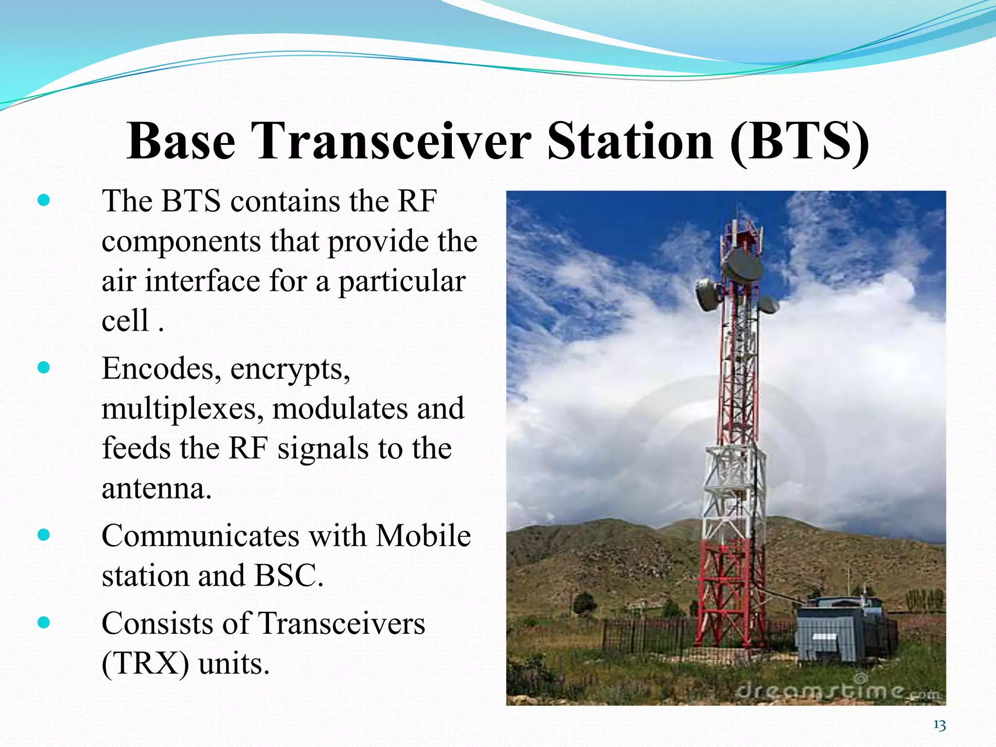 Base Transceiver Station (BTS)
 The BTS contains the RF
components that provide the
air interface for a particular
cell .
 Encodes, encrypts,
multiplexes, modulates and
feeds the RF signals to the
antenna.
 Communicates with Mobile
station and BSC.
 Consists of Transceivers
(TRX) units.
13
 