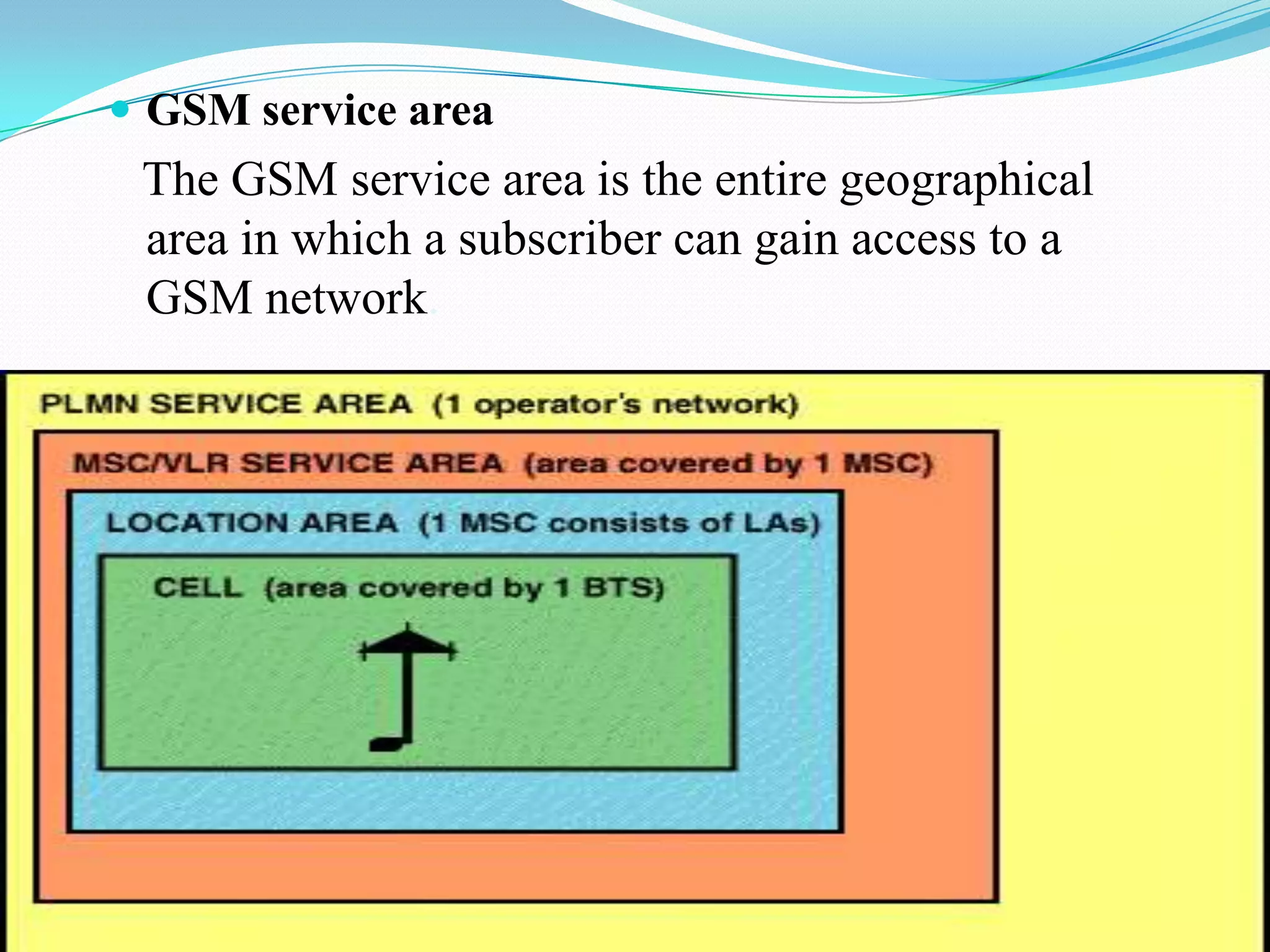  GSM service area
The GSM service area is the entire geographical
area in which a subscriber can gain access to a
GSM network.
7
 