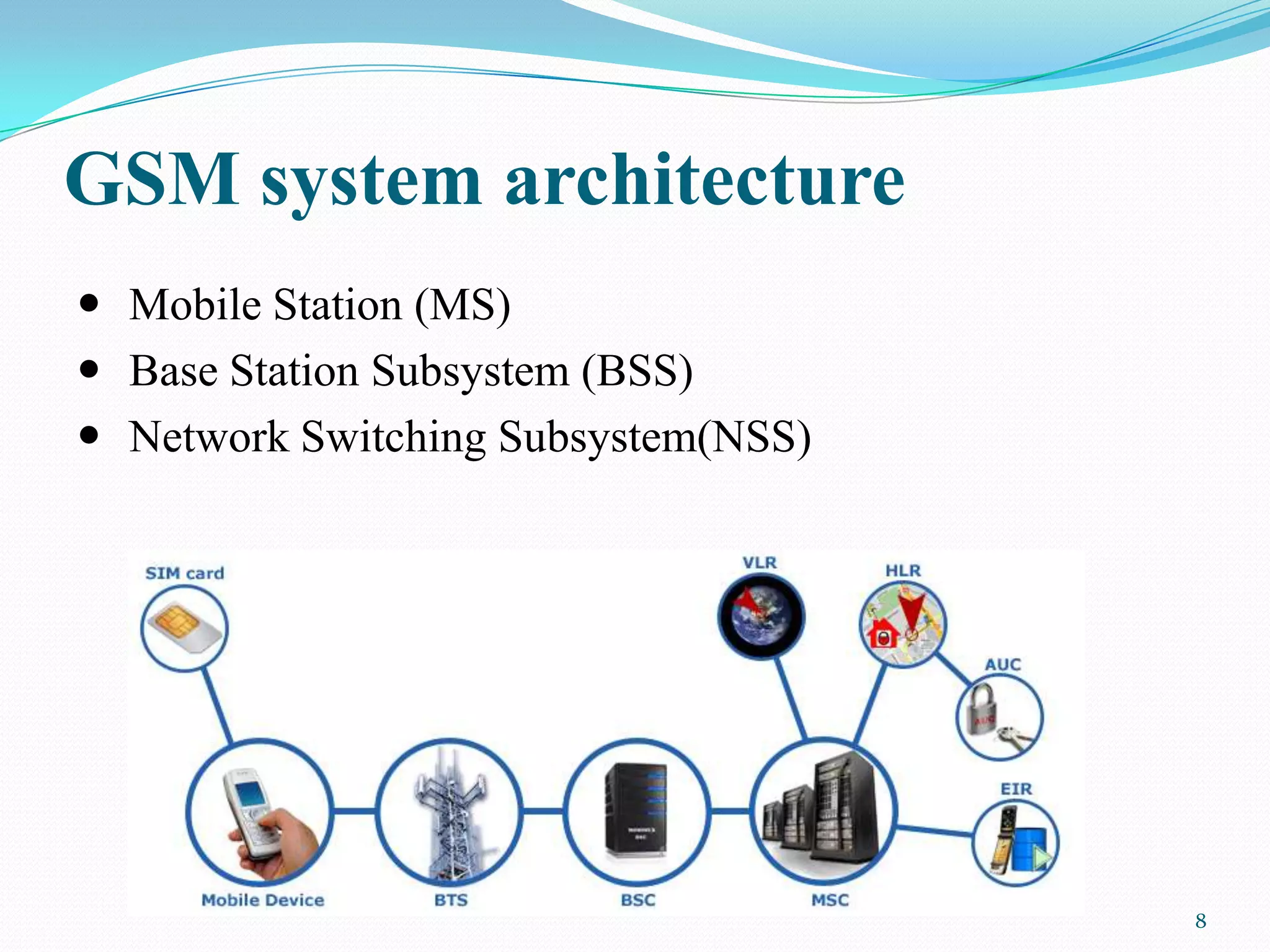 GSM system architecture
 Mobile Station (MS)
 Base Station Subsystem (BSS)
 Network Switching Subsystem(NSS)
8
 