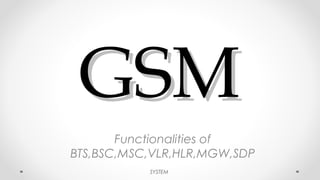GSMGSM
Functionalities of
BTS,BSC,MSC,VLR,HLR,MGW,SDP
SYSTEM
 