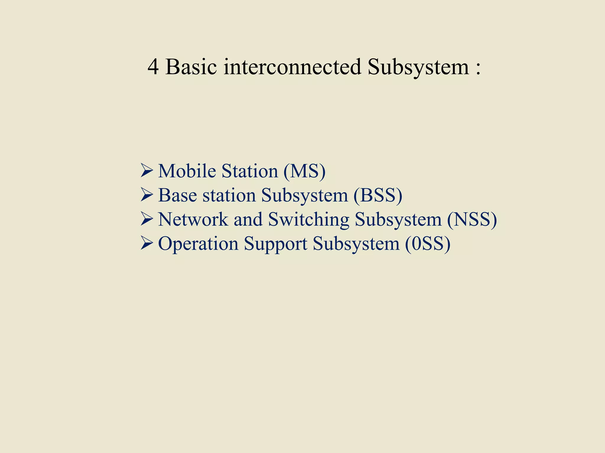 4 Basic interconnected Subsystem :
Mobile Station (MS)
Base station Subsystem (BSS)
Network and Switching Subsystem (NSS)
Operation Support Subsystem (0SS)
 