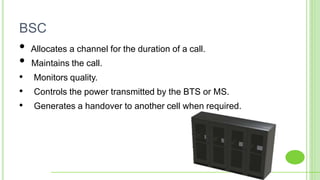 • Allocates a channel for the duration of a call.
• Maintains the call.
• Monitors quality.
• Controls the power transmitted by the BTS or MS.
• Generates a handover to another cell when required.
BSC
 