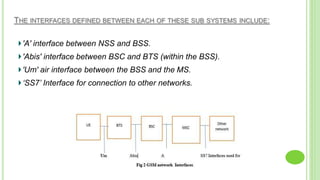 THE INTERFACES DEFINED BETWEEN EACH OF THESE SUB SYSTEMS INCLUDE:
'A' interface between NSS and BSS.
'Abis' interface between BSC and BTS (within the BSS).
'Um' air interface between the BSS and the MS.
‘SS7’ Interface for connection to other networks.
 