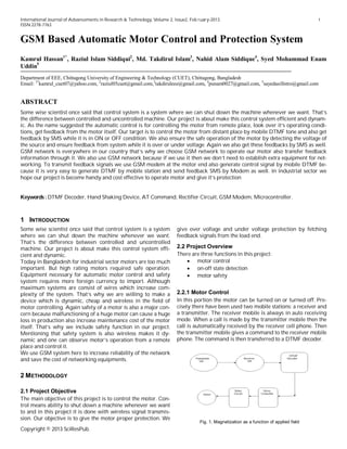 International Journal of Advancements in Research & Technology, Volume 2, Issue2, Feb ruary-2013 1
ISSN 2278-7763
Copyright © 2013 SciResPub.
GSM Based Automatic Motor Control and Protection System
Kamrul Hassan1*
, Raziul Islam Siddiqui2
, Md. Takdirul Islam3
, Nahid Alam Siddique4
, Syed Mohammad Enam
Uddin5
Department of EEE, Chittagong University of Engineering & Technology (CUET), Chittagong, Bangladesh
Email: 1*
kamrul_cuet07@yahoo.com, 2
raziul05cuet@gmail.com,3
takdiruleee@gmail.com, 4
punam0027@gmail.com, 5
sayedasifintro@gmail.com
ABSTRACT
Some wise scientist once said that control system is a system where we can shut down the machine whenever we want. That’s
the difference between controlled and uncontrolled machine. Our project is about make this control system efficient and dynam-
ic. As the name suggested the automatic control is for controlling the motor from remote place, look over it’s operating condi-
tions, get feedback from the motor itself. Our target is to control the motor from distant place by mobile DTMF tone and also get
feedback by SMS while it is in ON or OFF condition. We also ensure the safe operation of the motor by detecting the voltage of
the source and ensure feedback from system while it is over or under voltage. Again we also get these feedbacks by SMS as well.
GSM network is everywhere in our country that’s why we choose GSM network to operate our motor also transfer feedback
information through it. We also use GSM network because if we use it then we don’t need to establish extra equipment for net-
working. To transmit feedback signals we use GSM modem at the motor end also generate control signal by mobile DTMF be-
cause it is very easy to generate DTMF by mobile station and send feedback SMS by Modem as well. In industrial sector we
hope our project is become handy and cost effective to operate motor and give it’s protection
Keywords : DTMF Decoder, Hand Shaking Device, AT Command, Rectifier Circuit, GSM Modem, Microcontroller.
1 INTRODUCTION
Some wise scientist once said that control system is a system
where we can shut down the machine whenever we want.
That’s the difference between controlled and uncontrolled
machine. Our project is about make this control system effi-
cient and dynamic.
Today in Bangladesh for industrial sector motors are too much
important. But high rating motors required safe operation.
Equipment necessary for automatic motor control and safety
system requires more foreign currency to import. Although
maximum systems are consist of wires which increase com-
plexity of the system. That’s why we are willing to make a
device which is dynamic, cheap and wireless in the field of
motor controlling. Again safety of a motor is also a major con-
cern because malfunctioning of a huge motor can cause a huge
loss in production also increase maintenance cost of the motor
itself. That’s why we include safety function in our project.
Mentioning that safety system is also wireless makes it dy-
namic and one can observe motor’s operation from a remote
place and control it.
We use GSM system here to increase reliability of the network
and save the cost of networking equipments.
2 METHODOLOGY
2.1 Project Objective
The main objective of this project is to control the motor. Con-
trol means ability to shut down a machine whenever we want
to and in this project it is done with wireless signal transmis-
sion. Our objective is to give the motor proper protection. We
give over voltage and under voltage protection by fetching
feedback signals from the load end.
2.2 Project Overview
There are three functions in this project:
 motor control
 on-off state detection
 motor safety
2.2.1 Motor Control
In this portion the motor can be turned on or turned off. Pre-
cisely there have been used two mobile stations: a receiver and
a transmitter. The receiver mobile is always in auto receiving
mode. When a call is made by the transmitter mobile then the
call is automatically received by the receiver cell phone. Then
the transmitter mobile gives a command to the receiver mobile
phone. The command is then transferred to a DTMF decoder.
Fig. 1. Magnetization as a function of applied field
 