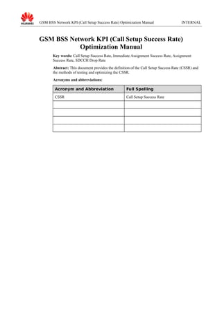 GSM BSS Network KPI (Call Setup Success Rate) Optimization Manual

INTERNAL

GSM BSS Network KPI (Call Setup Success Rate)
Optimization Manual
Key words: Call Setup Success Rate, Immediate Assignment Success Rate, Assignment
Success Rate, SDCCH Drop Rate
Abstract: This document provides the definition of the Call Setup Success Rate (CSSR) and
the methods of testing and optimizing the CSSR.
Acronyms and abbreviations:
Acronym and Abbreviation

Full Spelling

CSSR

Call Setup Success Rate

 