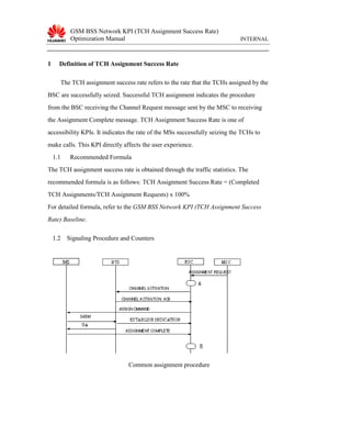 GSM BSS Network KPI (TCH Assignment Success Rate)
Optimization Manual

1

INTERNAL

Definition of TCH Assignment Success Rate
The TCH assignment success rate refers to the rate that the TCHs assigned by the

BSC are successfully seized. Successful TCH assignment indicates the procedure
from the BSC receiving the Channel Request message sent by the MSC to receiving
the Assignment Complete message. TCH Assignment Success Rate is one of
accessibility KPIs. It indicates the rate of the MSs successfully seizing the TCHs to
make calls. This KPI directly affects the user experience.
1.1

Recommended Formula

The TCH assignment success rate is obtained through the traffic statistics. The
recommended formula is as follows: TCH Assignment Success Rate = (Completed
TCH Assignments/TCH Assignment Requests) x 100%
For detailed formula, refer to the GSM BSS Network KPI (TCH Assignment Success
Rate) Baseline.
1.2 Signaling Procedure and Counters

Common assignment procedure

 