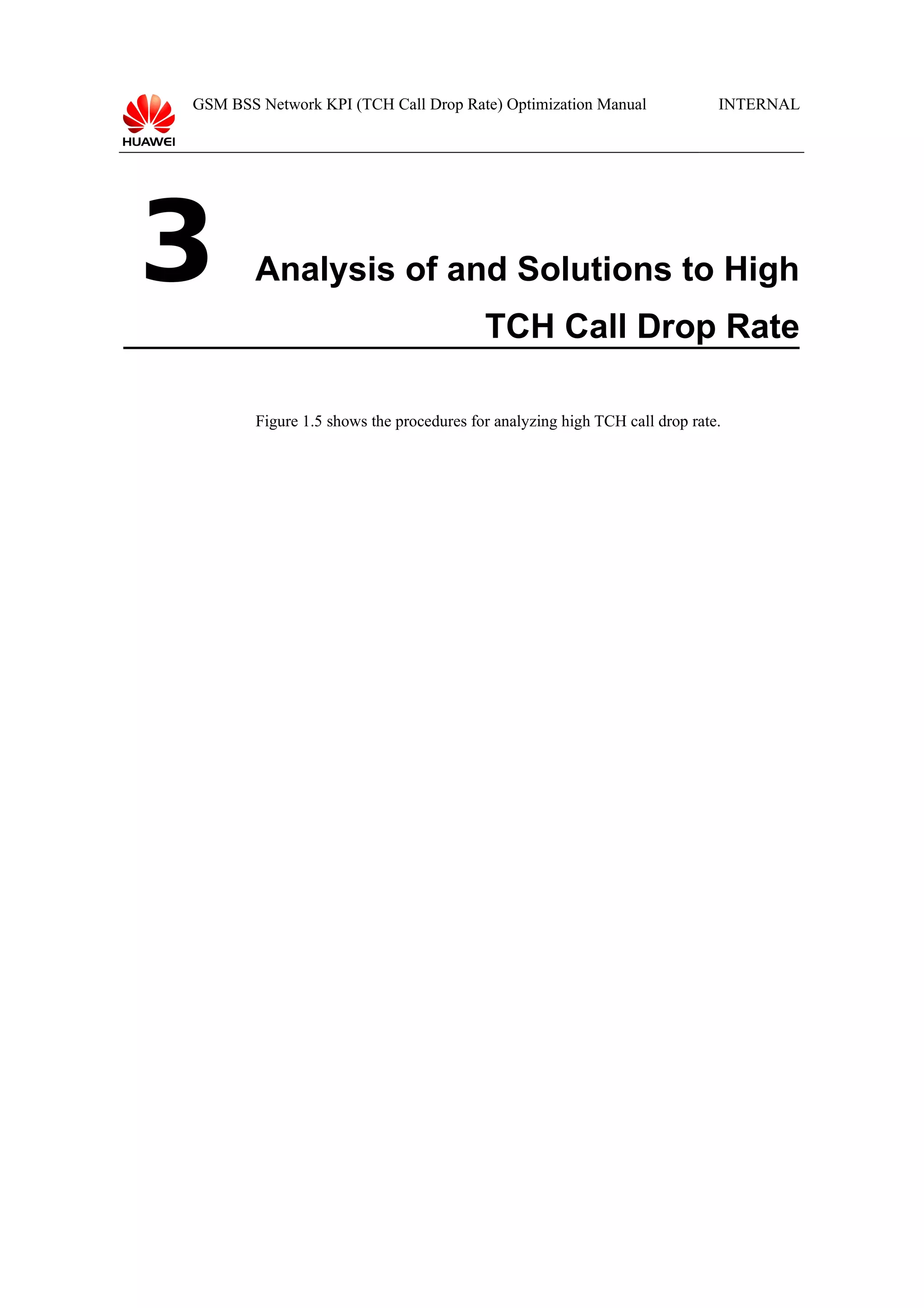 GSM BSS Network KPI (TCH Call Drop Rate) Optimization Manual

3

INTERNAL

Analysis of and Solutions to High
TCH Call Drop Rate
Figure 1.5 shows the procedures for analyzing high TCH call drop rate.

 