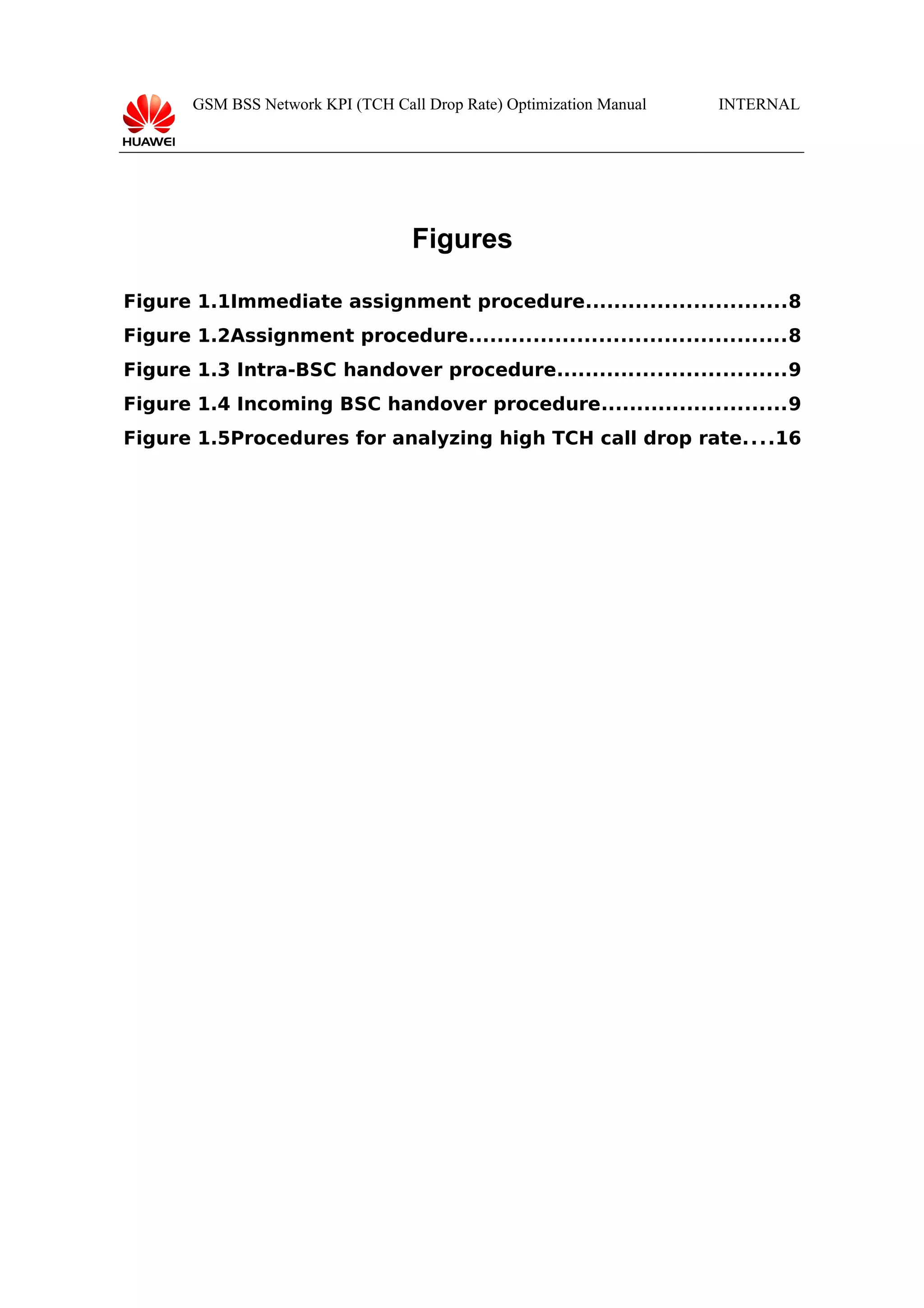GSM BSS Network KPI (TCH Call Drop Rate) Optimization Manual

INTERNAL

Figures
Figure 1.1Immediate assignment procedure............................8
Figure 1.2Assignment procedure............................................8
Figure 1.3 Intra-BSC handover procedure................................9
Figure 1.4 Incoming BSC handover procedure..........................9
Figure 1.5Procedures for analyzing high TCH call drop rate....16

 