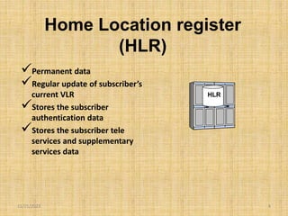 11/21/2023 4
Permanent data
Regular update of subscriber’s
current VLR
Stores the subscriber
authentication data
Stores the subscriber tele
services and supplementary
services data
HLR
Home Location register
(HLR)
 