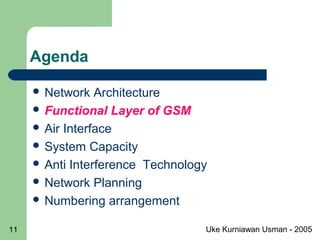 Uke Kurniawan Usman - 200511
Agenda
 Network Architecture
 Functional Layer of GSM
 Air Interface
 System Capacity
 Anti Interference Technology
 Network Planning
 Numbering arrangement
 