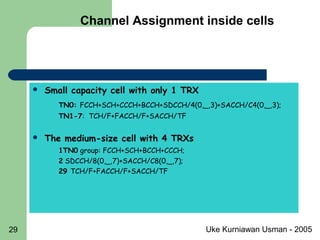 Uke Kurniawan Usman - 200529
 Small capacity cell with only 1 TRX
TN0: FCCH+SCH+CCCH+BCCH+SDCCH/4(0,_,3)+SACCH/C4(0,_,3);
TN1-7: TCH/F+FACCH/F+SACCH/TF
 The medium-size cell with 4 TRXs
1TN0 group: FCCH+SCH+BCCH+CCCH;
2 SDCCH/8(0,_,7)+SACCH/C8(0,_,7);
29 TCH/F+FACCH/F+SACCH/TF
Channel Assignment inside cells
 