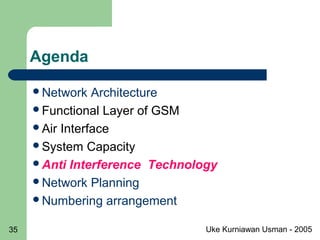 Uke Kurniawan Usman - 200535
Agenda
Network Architecture
Functional Layer of GSM
Air Interface
System Capacity
Anti Interference Technology
Network Planning
Numbering arrangement
 