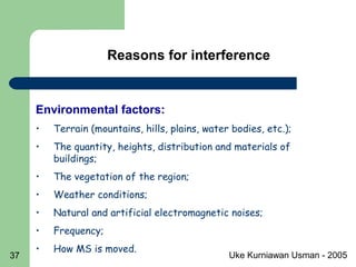 Uke Kurniawan Usman - 200537
Reasons for interference
Environmental factors:
• Terrain (mountains, hills, plains, water bodies, etc.);
• The quantity, heights, distribution and materials of
buildings;
• The vegetation of the region;
• Weather conditions;
• Natural and artificial electromagnetic noises;
• Frequency;
• How MS is moved.
 