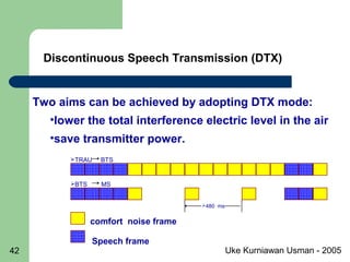 Uke Kurniawan Usman - 200542
Discontinuous Speech Transmission (DTX)
TRAU BTS
BTS MS
Speech frame
480 ms
comfort noise frame
Two aims can be achieved by adopting DTX mode:
•lower the total interference electric level in the air
•save transmitter power.
 
