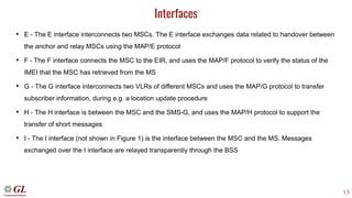13
Interfaces
• E - The E interface interconnects two MSCs. The E interface exchanges data related to handover between
the anchor and relay MSCs using the MAP/E protocol
• F - The F interface connects the MSC to the EIR, and uses the MAP/F protocol to verify the status of the
IMEI that the MSC has retrieved from the MS
• G - The G interface interconnects two VLRs of different MSCs and uses the MAP/G protocol to transfer
subscriber information, during e.g. a location update procedure
• H - The H interface is between the MSC and the SMS-G, and uses the MAP/H protocol to support the
transfer of short messages
• I - The I interface (not shown in Figure 1) is the interface between the MSC and the MS. Messages
exchanged over the I interface are relayed transparently through the BSS
 