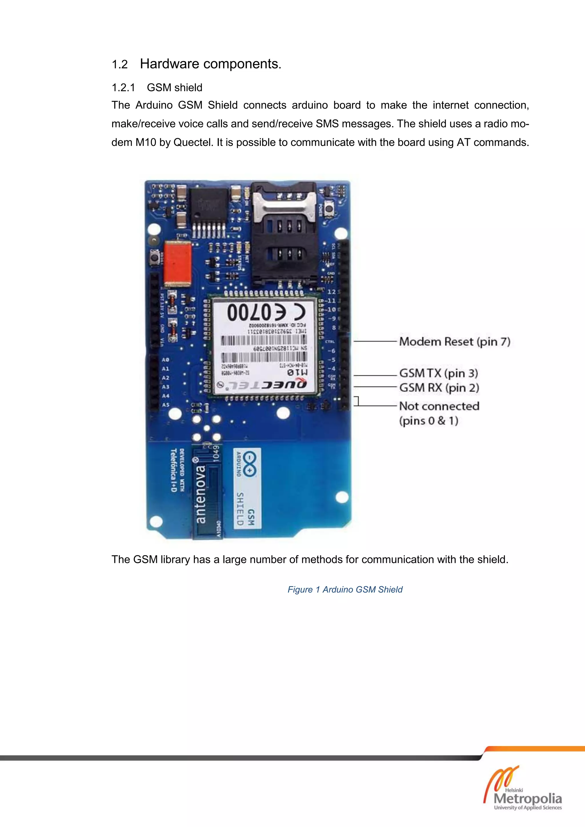 1.2 Hardware components.
1.2.1 GSM shield
The Arduino GSM Shield connects arduino board to make the internet connection,
make/receive voice calls and send/receive SMS messages. The shield uses a radio mo-
dem M10 by Quectel. It is possible to communicate with the board using AT commands.
The GSM library has a large number of methods for communication with the shield.
Figure 1 Arduino GSM Shield
 