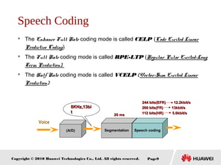 Copyright © 2010 Huawei Technologies Co., Ltd. All rights reserved. Page9
Speech Coding
 The Enhance Full RateEnhance Full Rate coding mode is called CELPCELP (Code Excited LinearCode Excited Linear
Predictive CodingPredictive Coding)
 The Full RateFull Rate coding mode is called RPE-LTPRPE-LTP (Regular Pulse Excited-LongRegular Pulse Excited-Long
Term Prediction).Term Prediction).
 The Half RateHalf Rate coding mode is called VCELPVCELP ((Vector-Sum Excited LinearVector-Sum Excited Linear
PredictionPrediction))
13kbit/s13kbit/s260 bits(FR)260 bits(FR)
112 bits(HR)112 bits(HR)
244 bits(EFR)244 bits(EFR) 12.2kbit/s12.2kbit/s
5.6kbit/s5.6kbit/s
((A/DA/D))
2020 msms
8KHz,13bi8KHz,13bi
tt
SegmentationSegmentation Speech codingSpeech coding
Voice
 