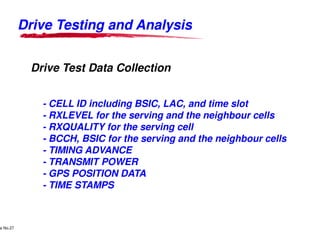Drive Testing and Analysis


                    Drive Test Data Collection


                             - CELL ID including BSIC, LAC, and time slot
                             - RXLEVEL for the serving and the neighbour cells
                             - RXQUALITY for the serving cell
                             - BCCH, BSIC for the serving and the neighbour cells
                             - TIMING ADVANCE
                             - TRANSMIT POWER
                             - GPS POSITION DATA
                             - TIME STAMPS


     Lucent Technologies Proprietary
e No.27Pursuant to Company Instructions - All Rights Reserved
    Use



                                                                Lucent Technologies - Proprietary
 