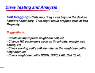 Drive Testing and Analysis

               Cell Dragging - Calls may drag a cell beyond the desired
               handover boundary. This might result dropped calls or bad
               Rxquality.

               Suggestions:

               • Create an appropriate neighbour cell list
               • Change HO parameters such as thresholds, margin, cell
               baring, etc
               • Check serving cell’s cell identifier in the neighbour cell’s
               neighbour list
               • Check neighbour cell’s BCCH, BSIC, LAC, Cell ID, etc


     Lucent Technologies Proprietary
e No.30Pursuant to Company Instructions - All Rights Reserved
    Use



                                                                Lucent Technologies - Proprietary
 
