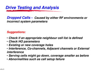 Drive Testing and Analysis

               Dropped Calls - Caused by either RF environments or
               incorrect system parameters


               Suggestions:

               • Check if an appropriate neighbour cell list is defined
               • Check HO parameters
               • Existing or new coverage holes
               • Interference, Co-channels, Adjacent channels or External
                                  channels,
               interference
               • Serving cells might go down, coverage smaller as before
               • Abnormalities such as call setup failure

     Lucent Technologies Proprietary
e No.31Pursuant to Company Instructions - All Rights Reserved
    Use



                                                                Lucent Technologies - Proprietary
 